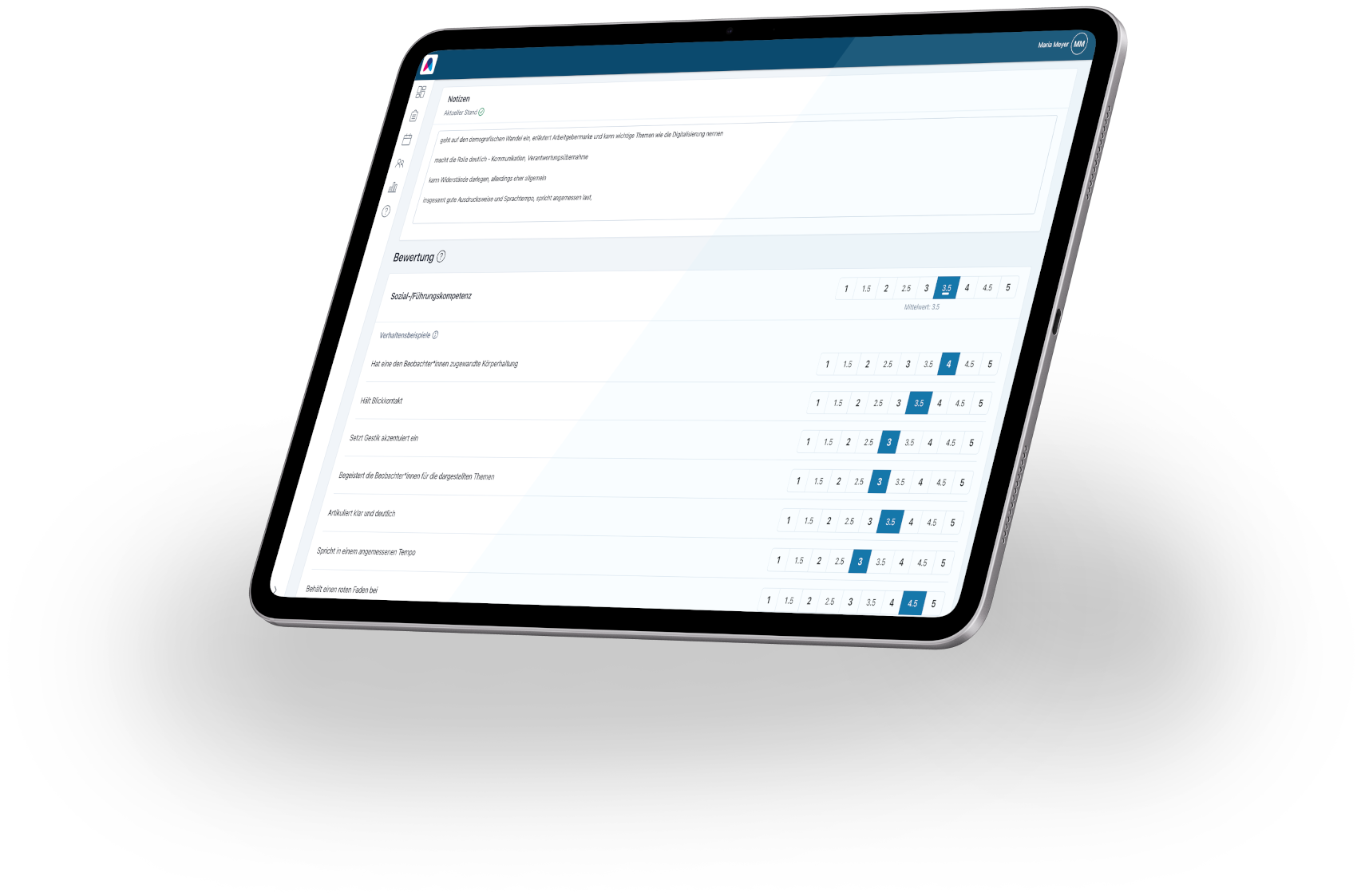 Nach links gerichteter Tablettscreen: Notizen