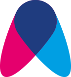 Nach unten zeigendes zfm-Logoelement mit pink, lila und blau