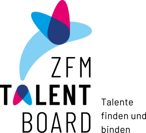Designelement "Fisch" bestehend aus zfm-Logoelement mit pink, lila und blau und hellblauem Körper, dazu Text: ZFM TALENT BOARD, Talente finden und binden